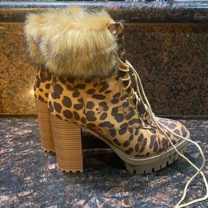 cheetah print lace up heeled boots